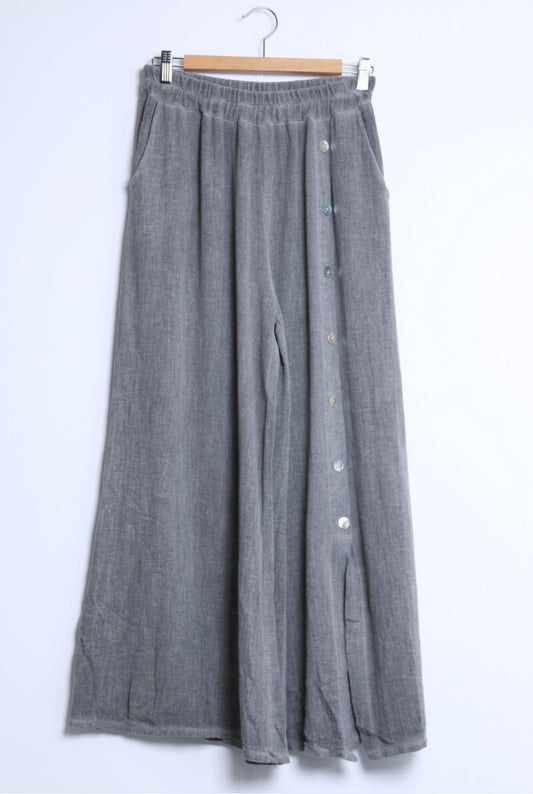 COTTON/LINEN BLEND BUTTON SEAM PANTS - 10-16 - CHARCOAL