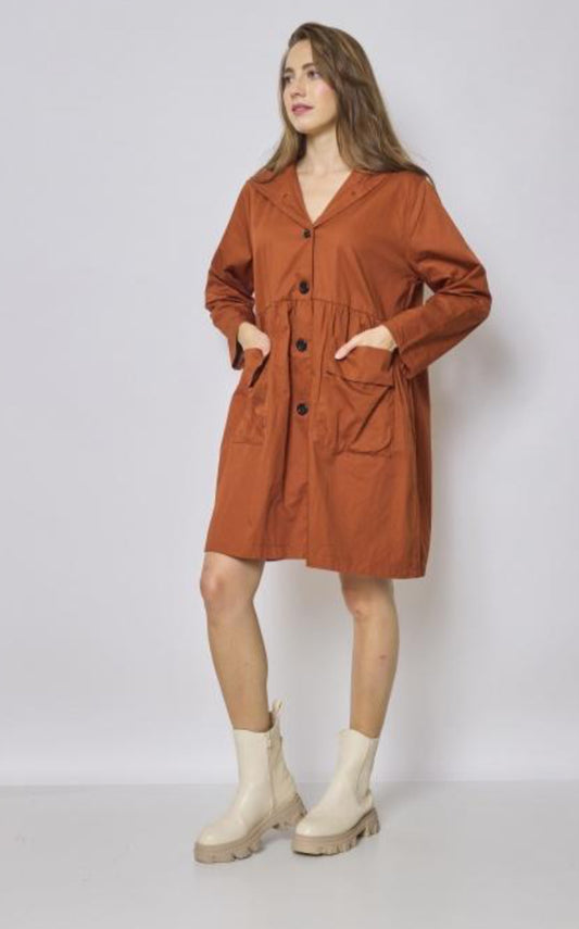 PATCH POCKET RUCHED BACK HOODED COAT - RUST - 10-14 - 100% COTTON