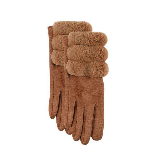 VELOUR FUR TRIM GLOVES - CAMEL