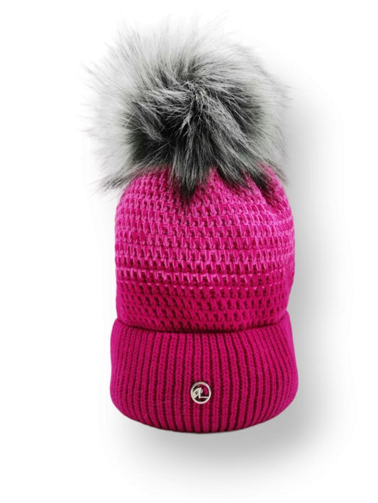 FLEECE LINED KNIT HAT WITH REMOVABLE POM - FUSCHIA