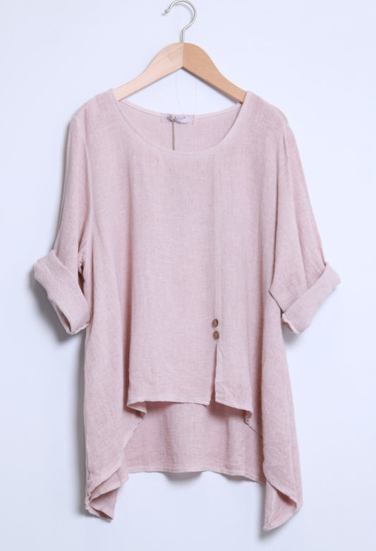 COTTON/LINEN BLEND DIP HEM TOP - 10-16 - PINK