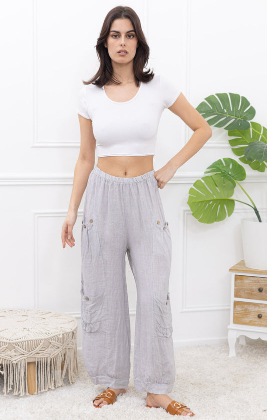 CARGO LINEN PANTS - 10-16 - GREY