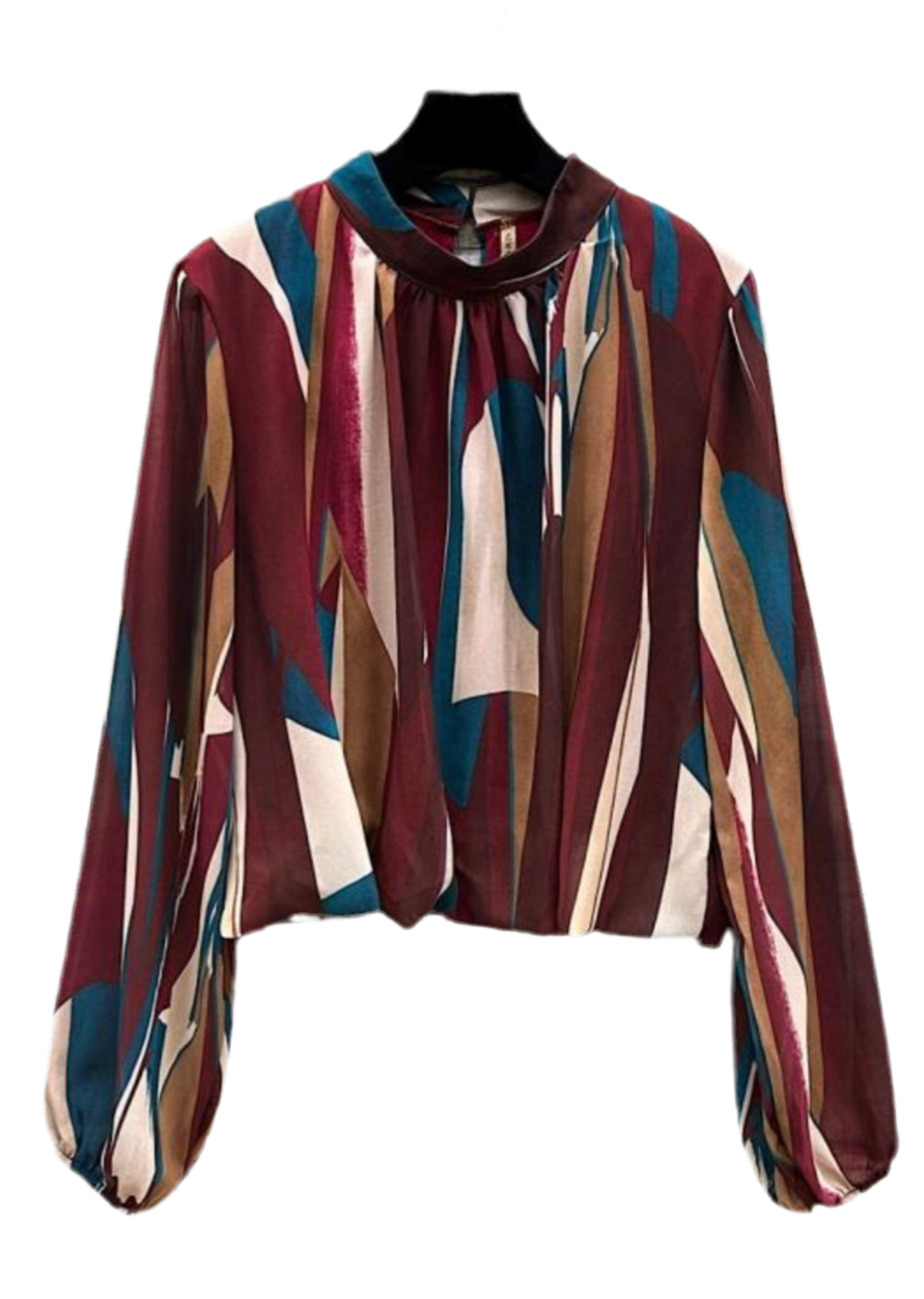 ABSTRACT PRINT CHIFFON BLOUSE - 8-12- BURGUNDY