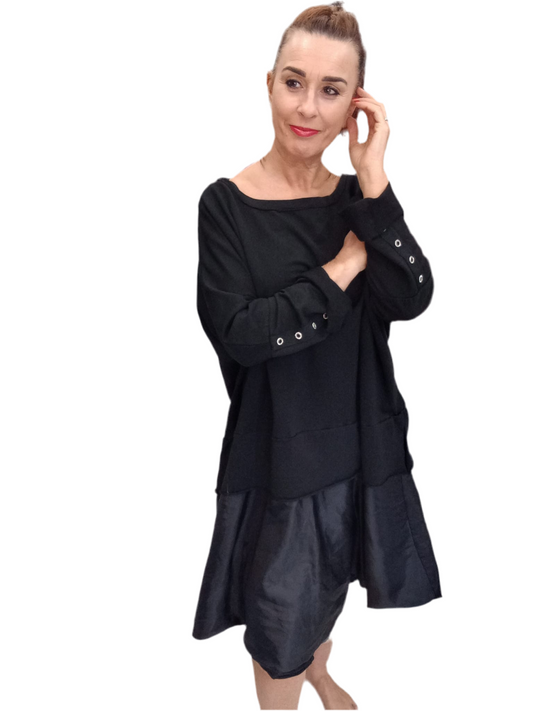 COTTON/TAFFETA HEM DRESS - BLACK - 14-18