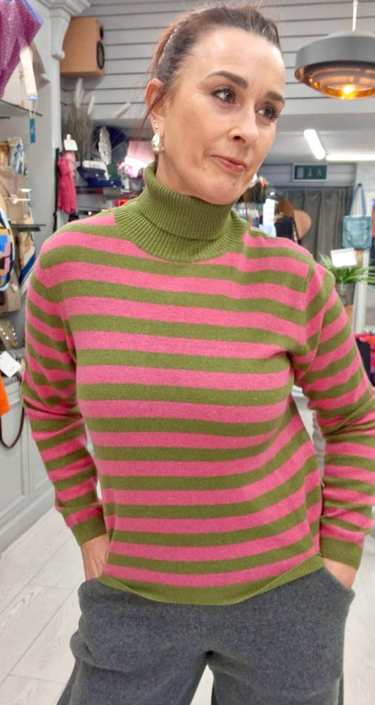 *SALE* CASHMERE BLEND STRIPE POLO - 8-12/14 - FUSCHIA/GREEN