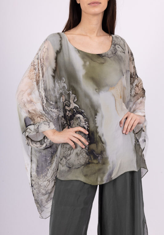 MARBLE PRINT SILK BLEND TOP - 10-16 - KHAKI