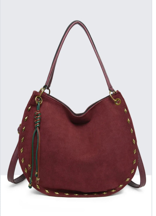 NUBUCK EFFECT SHOULDER/ CROSSBODY- BURGUNDY