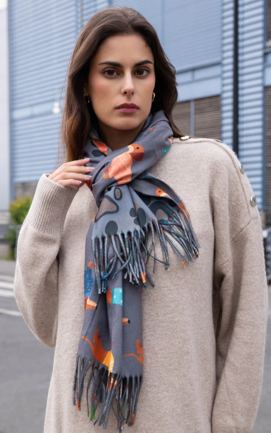 FRINGED DOG PRINT SCARF