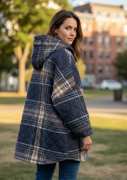 CHECK DOWN FILLED COAT - 12-18- NAVY