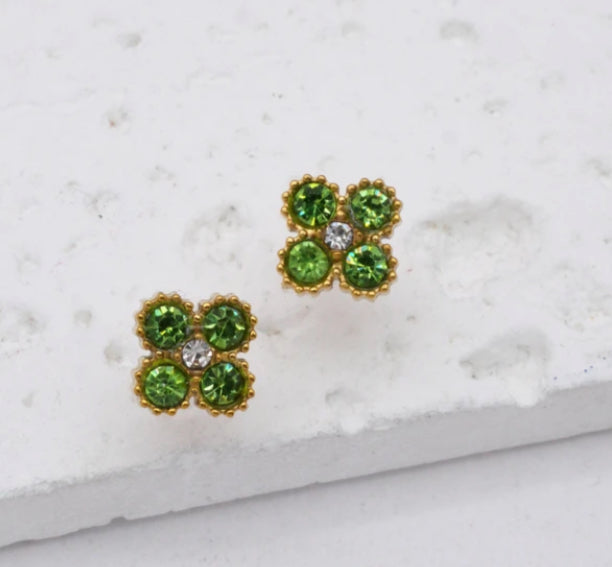 CRYSTAL FLOWER STUD EARRINGS- GREEN