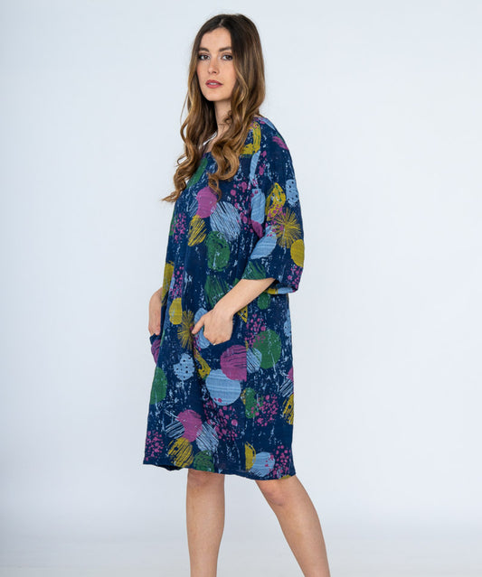 COTTON FLOWER PRINT DRESS - 12-16- NAVY