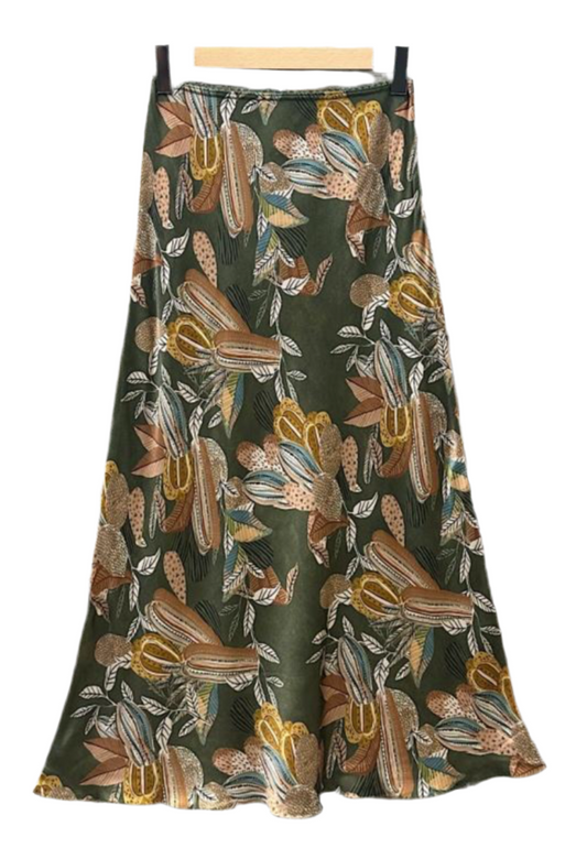 SATIN SKIRT - 8-14 - KHAKI FLORAL