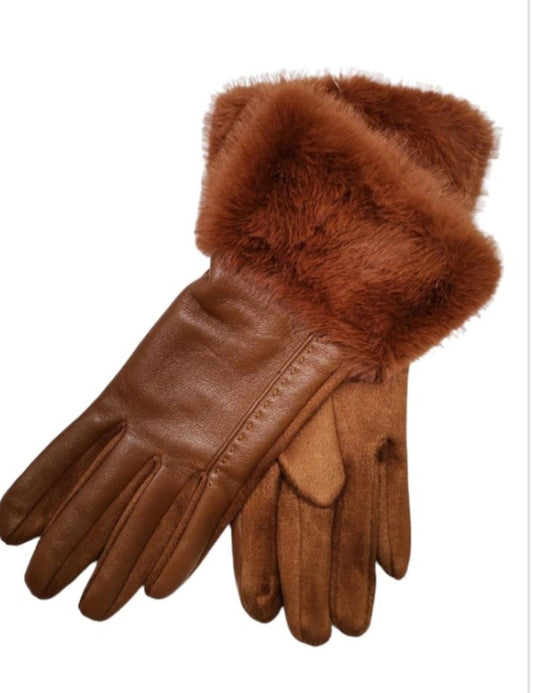 LEATHERETTE FUR TRIM GLOVES - CAMEL