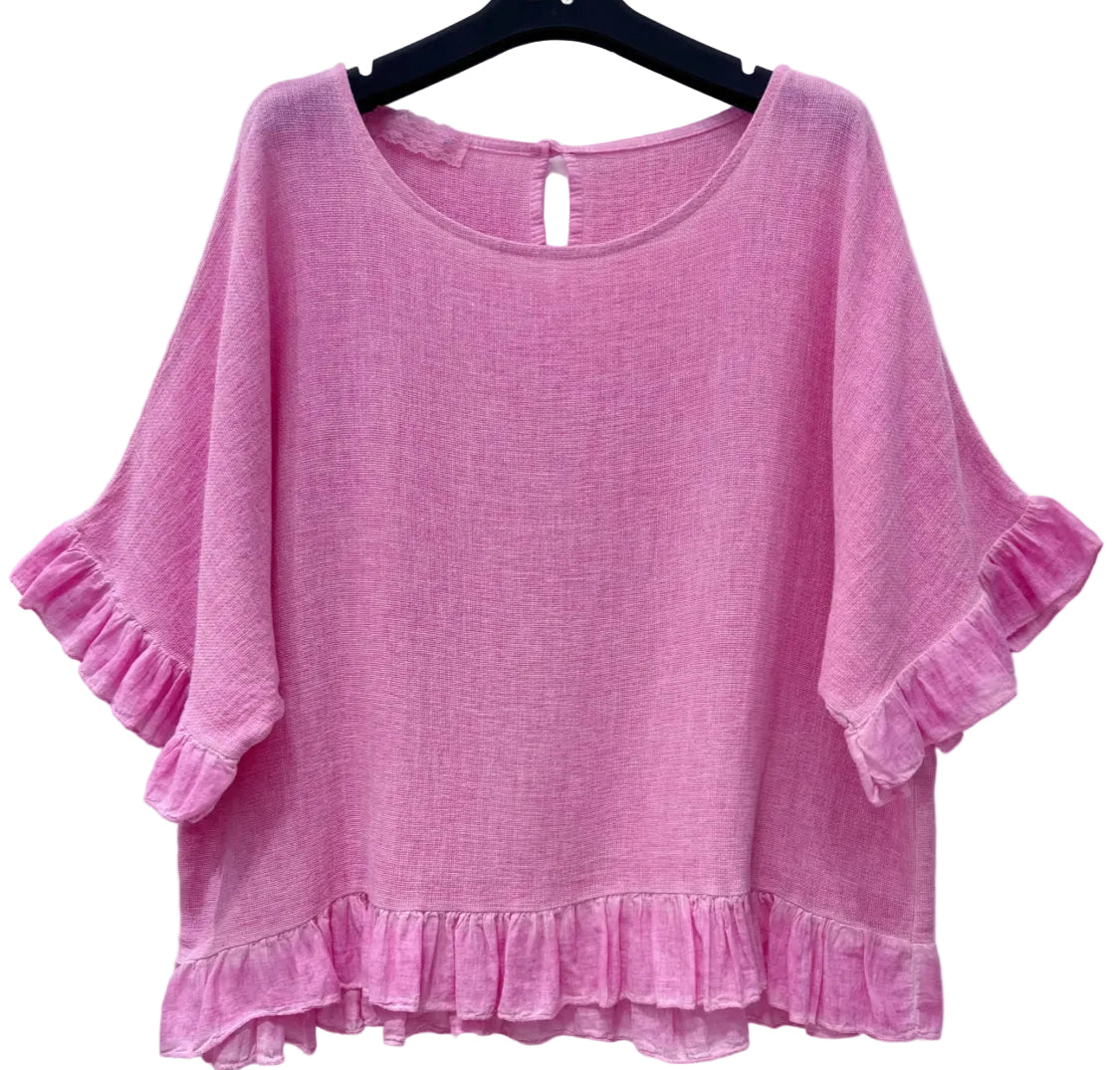 LINEN/COTTON FRILL TRIM TOP - 10-16 - PINK