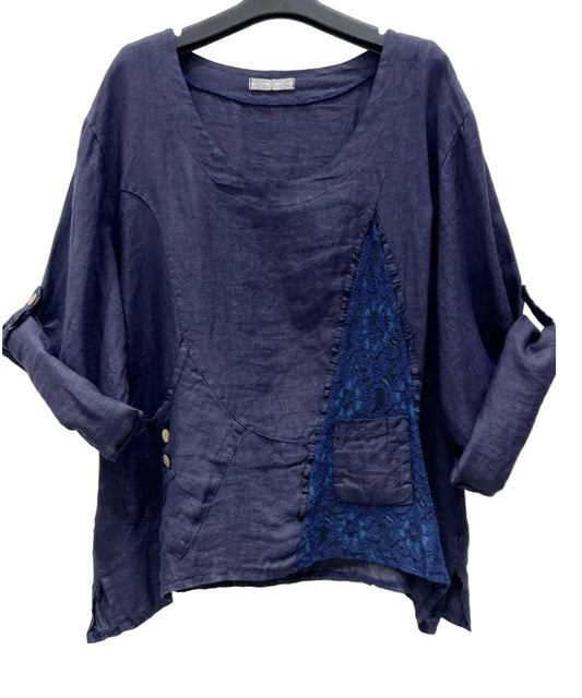 LINEN LACE DETAIL TOP - 10-16 - NAVY