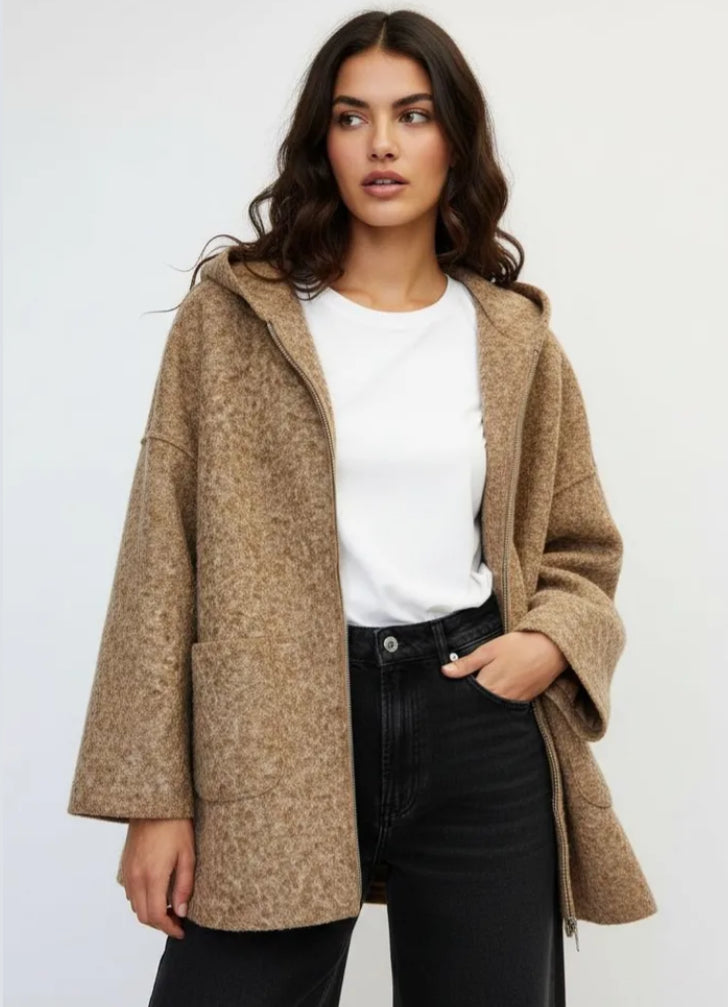 HOODED BOUCLE JACKET - 10-16 - CAMEL