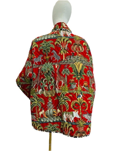 LIGHTLY PADDED JUNGLE PRINT KIMONO JACKET - RED- 10-16