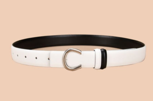 HORSESHOE BUCKLE LEATHER BELT - WHITE