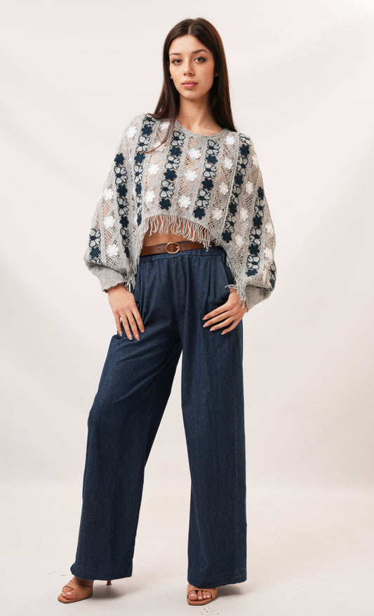 CROCHET FRINGED TOP - 8-12 - GREY