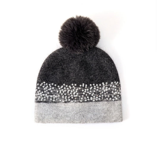 CASHMERE POM HAT - CHARCOAL/SILVER