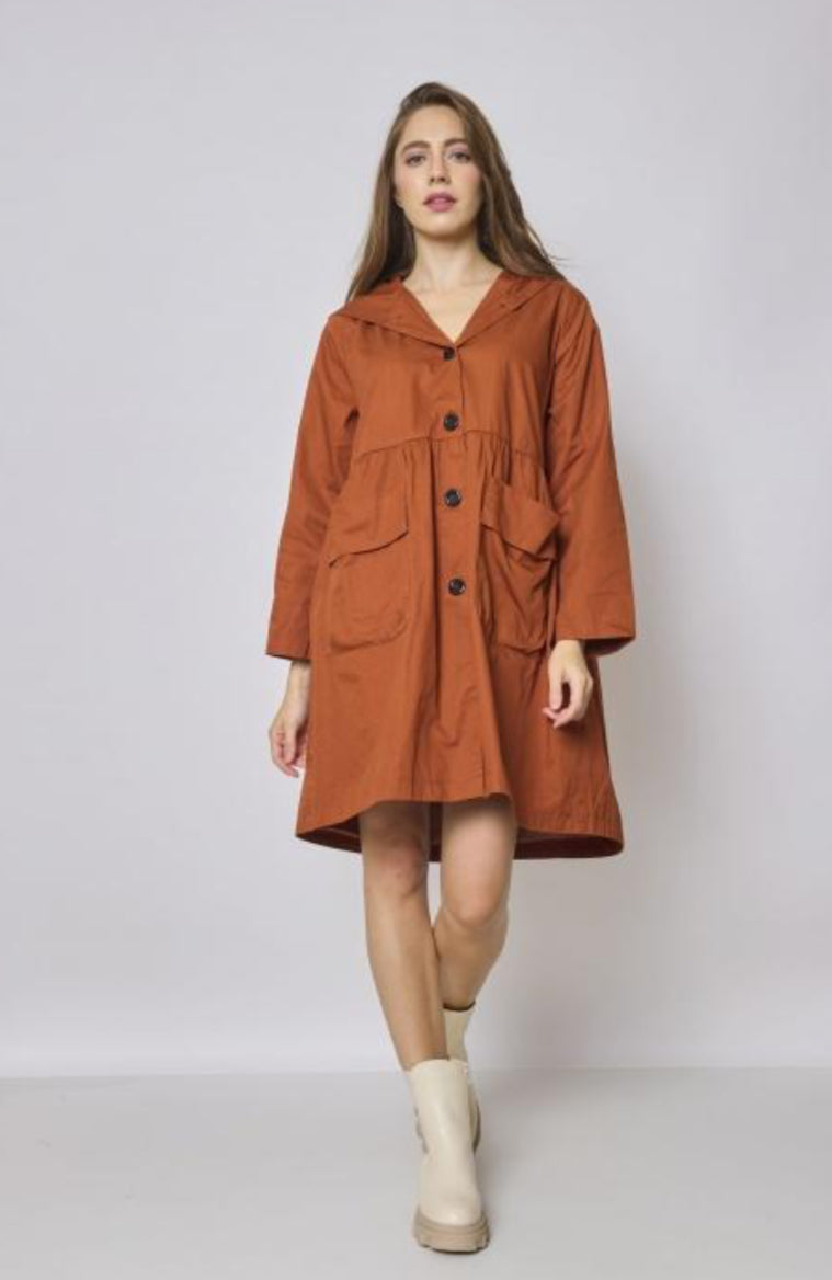 PATCH POCKET RUCHED BACK HOODED COAT - RUST - 10-14 - 100% COTTON