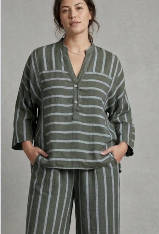STRIPE LINEN BUTTON TOP - 10-16 - KHAKI