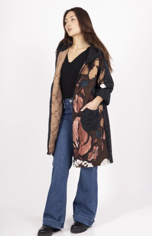 QUILTED FLORAL COAT WITH HOOD - 10-16 - BROWN