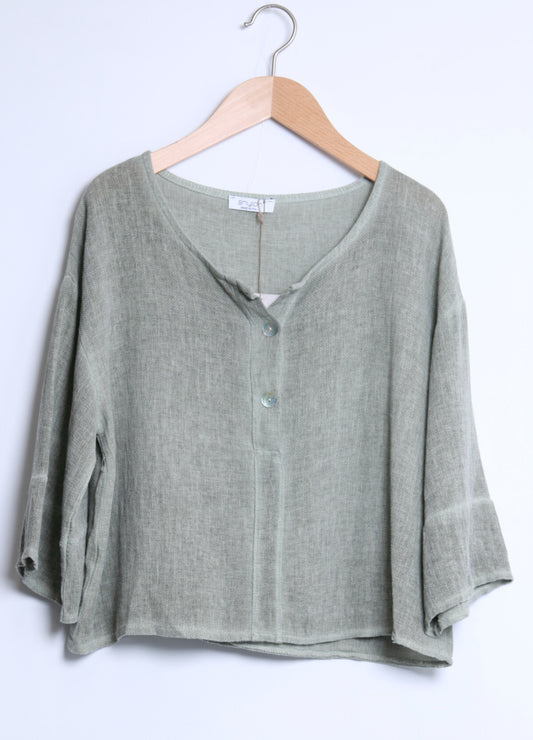 COTTON/LINEN BLEND BUTTON DETAIL TOP - 8-14 - KHAKI