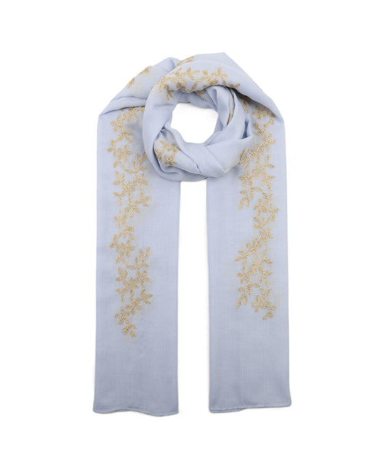 COTTON BLEND EMBROIDERED SCARF - BLUE