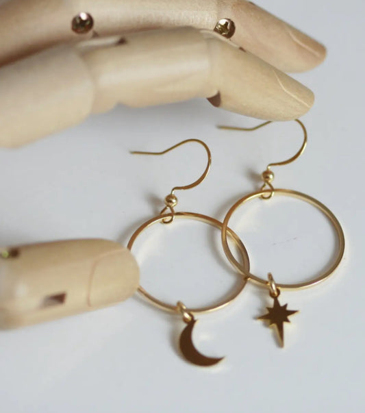KAIKO - MOON & STAR BRASS EARRINGS