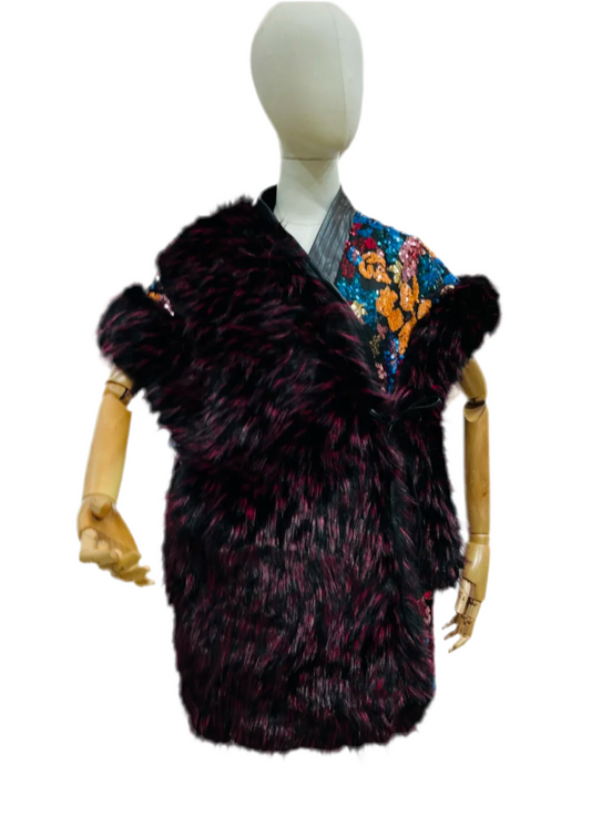 SEQUIN FAUX FUR GILET - PLUM - 10-16