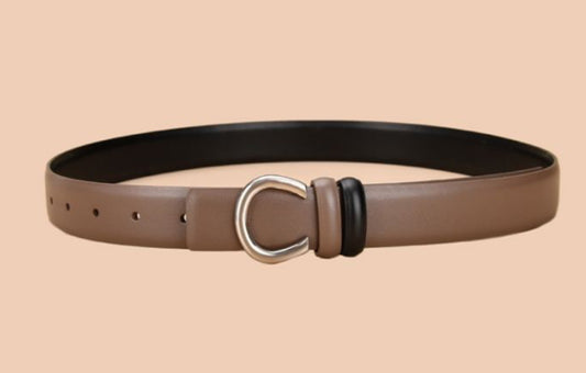 HORSESHOE BUCKLE LEATHER BELT - TAUPE