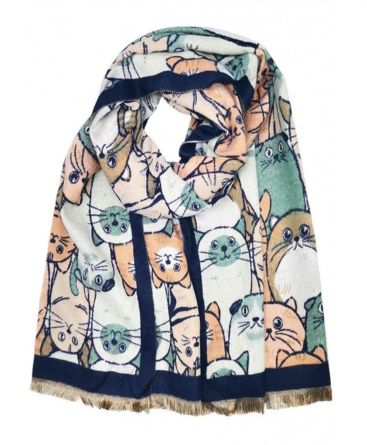 DOUBLE SIDED CAT PRINT SCARF - NAVY