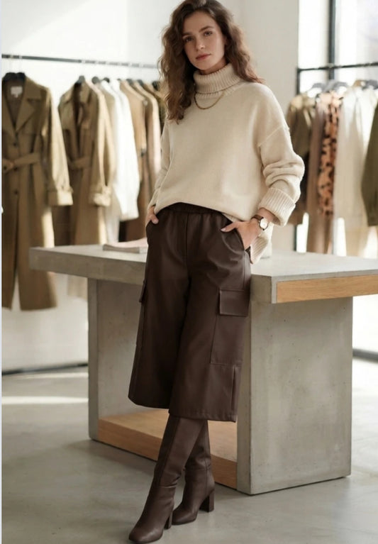 LEATHERETTE CROPPED CARGO PANTS - 10-16 - CHOCOLATE
