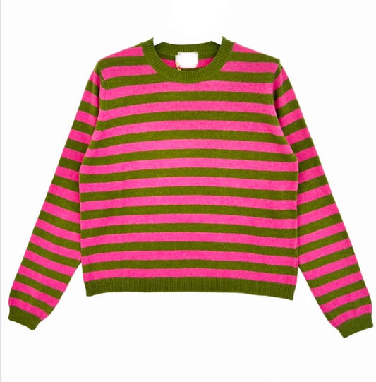 **SALE**CASHMERE BLEND STRIPE CREW KNIT - 8-12 - FUSCHIA/GREEN
