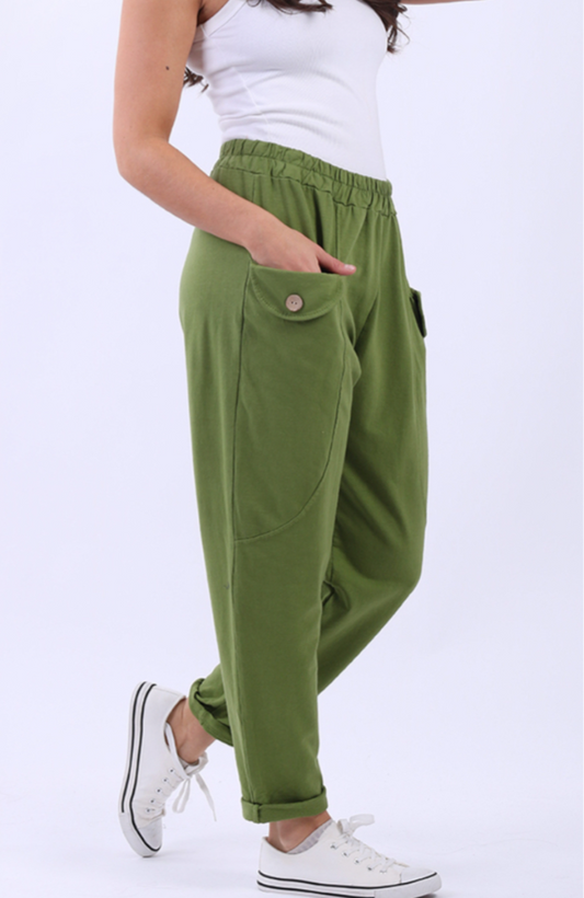 SLOUCH POCKET COTTON PANTS - OLIVE - 10-16