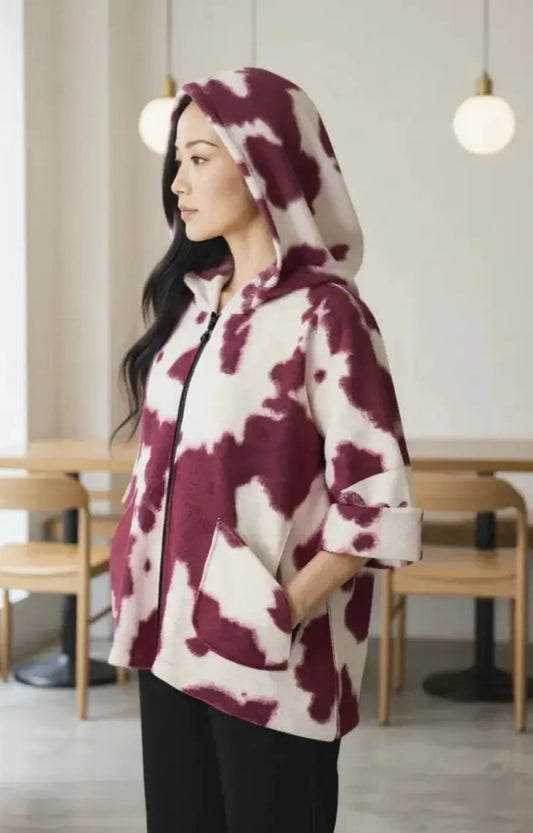 WOOL BLEND COW PRINT HOOD COAT - 12-18 - BURGUNDY