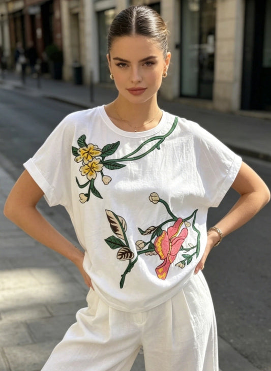 COTTON FLORAL EMBROIDERED TEE - 10-16