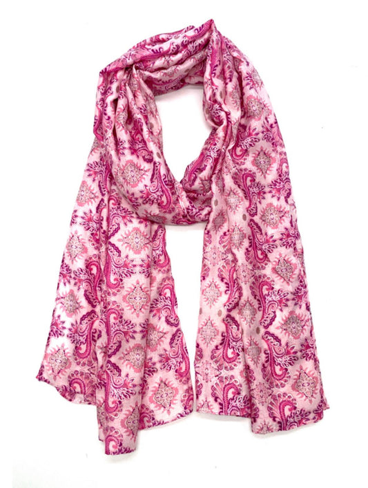 COTTON BLEND DAMASK PRINT SCARF - FUSCHIA