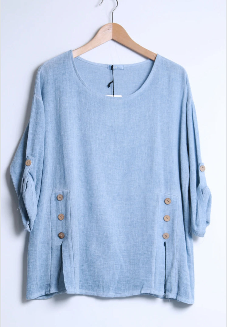 BUTTON SLIT LINEN/COTTON BLEND TOP - 10-16