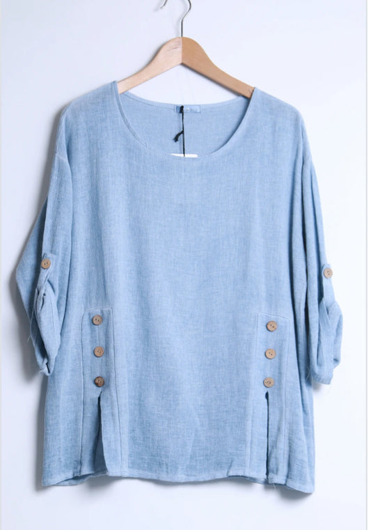 BUTTON SLIT LINEN/COTTON BLEND TOP - 10-16