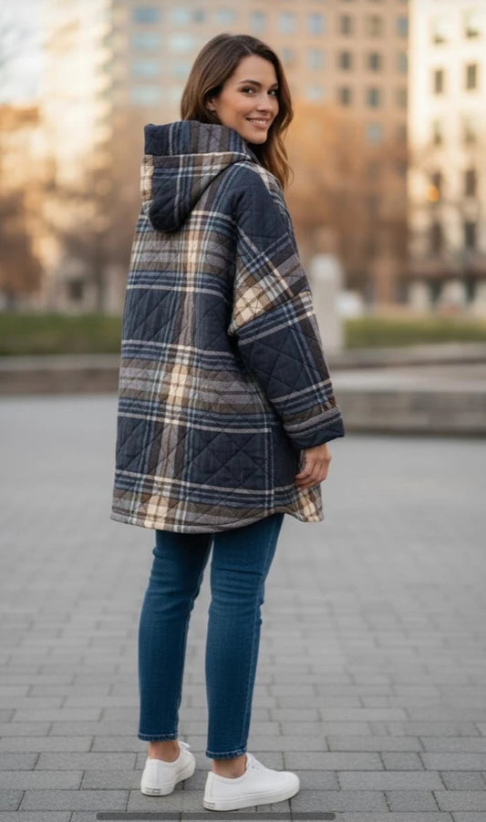 CHECK DOWN FILLED COAT - 12-18- NAVY
