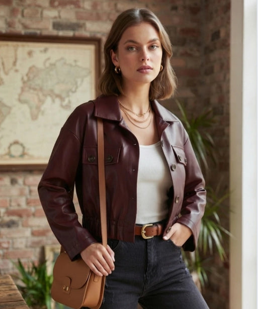 LEATHERETTE BOMBER JACKET - 10-16 - BURGUNDY