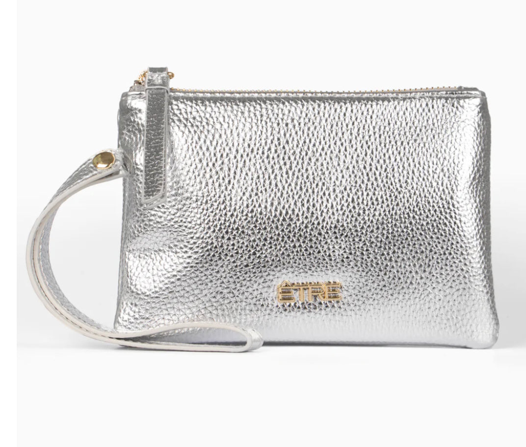 METALLIC SILVER WRISTLET PURSE WITH PINK LINING