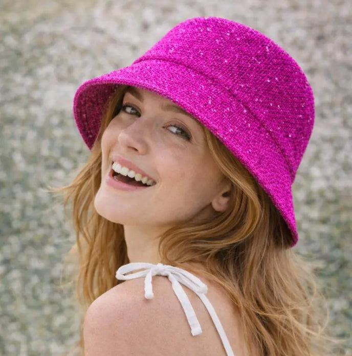 WOVEN SEQUIN BUCKET HAT - FUSCHIA