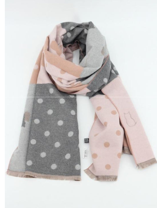 COTTON BLEND COSY DOUBLE SIDED CAT PRINT SCARF - PINK/GREY