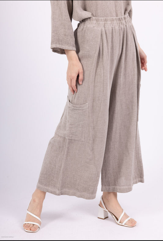 COTTON/LINEN BLEND POCKET DETAIL PANTS - 10-16 - TAUPE