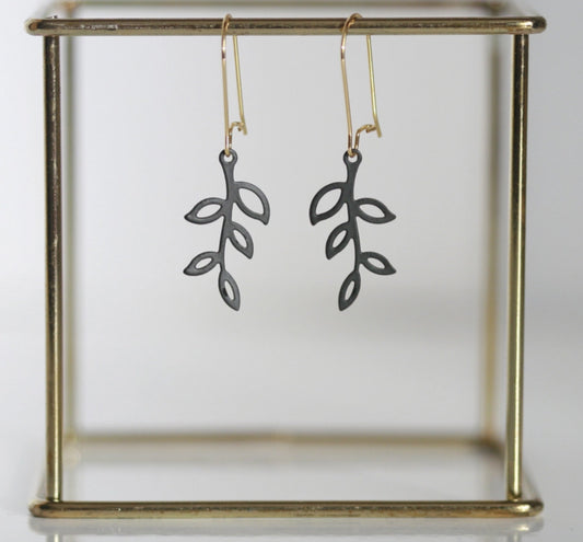 KAIKO - BLACK LEAF EARRINGS- 16K GOLD PLATED BRASS