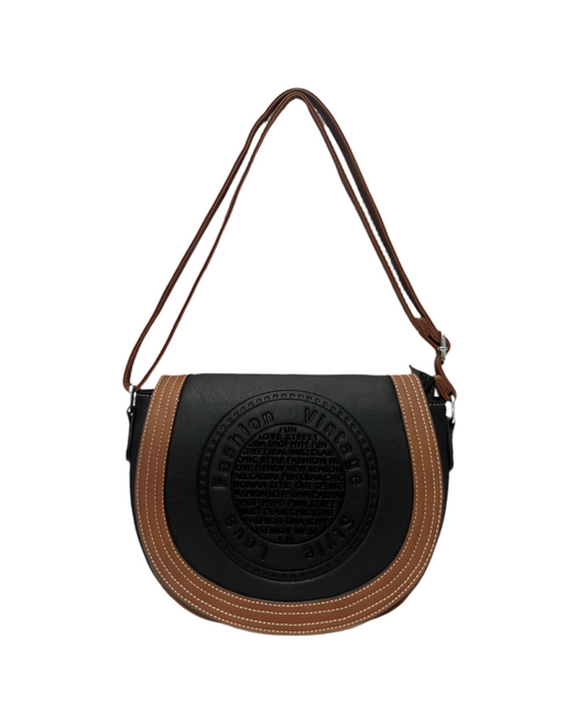 EMBOSSED CROSSBODY BAG - BLACK WITH TAN TRIM