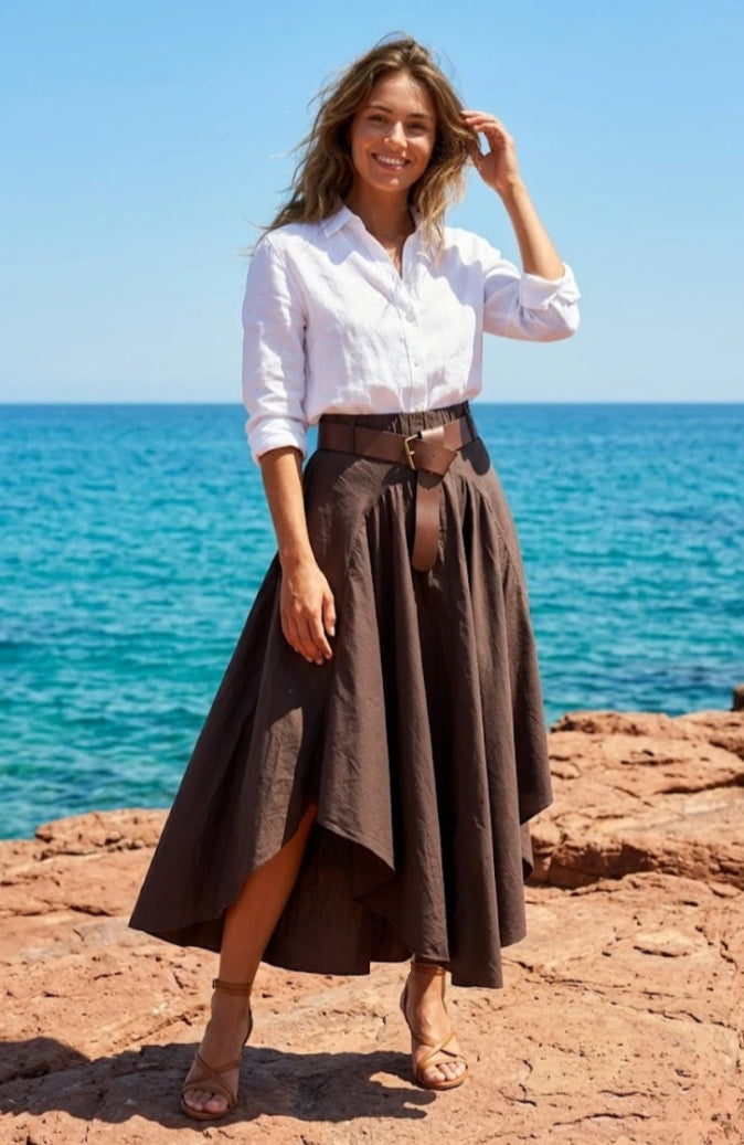 COTTON ASYMMETRIC SKIRT WITH BELT - 8-14 - BROWN